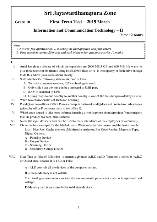 Grade 10 ICT First Term 2019 (Part II) Sri Jayawardhanapura Educational Zone (EM) thumbnail